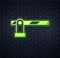 Glowing neon Parking car barrier icon isolated on brick wall background. Street road stop border. Vector