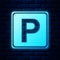 Glowing neon Parking sign icon isolated on brick wall background. Street road sign. Vector