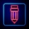 Glowing neon Pencil with eraser icon isolated on blue background. Drawing and educational tools. School office symbol