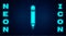 Glowing neon Pencil with eraser icon isolated on brick wall background. Drawing and educational tools. School office