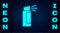 Glowing neon Pepper spray icon isolated on brick wall background. OC gas. Capsicum self defense aerosol. Vector