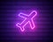 Glowing neon Plane icon isolated on brick wall background. Flying airplane. Airliner insurance. Security, safety