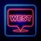 Glowing neon Pointer to wild west icon isolated on blue background. Western signboard, message board, signpost for