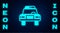 Glowing neon Police car and police flasher icon isolated on brick wall background. Emergency flashing siren. Vector