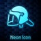 Glowing neon Police helmet icon isolated on brick wall background. Military helmet. Vector