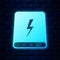 Glowing neon Power bank icon isolated on brick wall background. Portable charging device. Vector