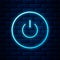 Glowing neon Power button icon isolated on brick wall background. Start sign. Vector