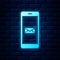 Glowing neon Received message concept. New email notification on the smartphone screen icon on brick wall background
