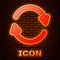 Glowing neon Refresh icon isolated on brick wall background. Reload symbol. Rotation arrows in a circle sign. Vector