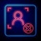Glowing neon Rejection face recognition icon isolated on blue background. Face identification scanner icon. Facial id