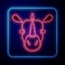 Glowing neon Rhinoceros icon isolated on blue background. Animal symbol. Vector