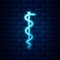 Glowing neon Rod of asclepius snake coiled up silhouette icon isolated on brick wall background. Emblem for drugstore or