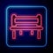 Glowing neon Romantic bench icon isolated on blue background. Vector