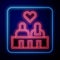 Glowing neon Romantic silhouette of loving couple sit on a bench near icon isolated on blue background. Happy Valentines