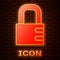 Glowing neon Safe combination lock icon isolated on brick wall background. Combination padlock. Security, safety