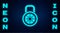 Glowing neon Safe combination lock icon isolated on brick wall background. Combination padlock. Security, safety