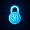 Glowing neon Safe combination lock wheel icon isolated on brick wall background. Combination Padlock. Protection concept