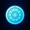 Glowing neon Safe combination lock wheel icon isolated on brick wall background. Protection concept. Password sign