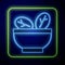 Glowing neon Salad in bowl icon isolated on blue background. Fresh vegetable salad. Healthy eating. Vector