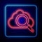 Glowing neon Search cloud computing icon isolated on blue background. Magnifying glass and cloud. Vector