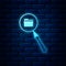 Glowing neon Search concept with folder icon isolated on brick wall background. Magnifying glass and document. Data and