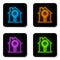 Glowing neon Search house icon isolated on white background. Real estate symbol of a house under magnifying glass. Black