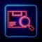 Glowing neon Search package icon isolated on blue background. Parcel tracking. Magnifying glass and cardboard box