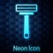 Glowing neon Shaving razor icon isolated on brick wall background. Vector Illustration