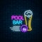 Glowing neon sign of bar with pool including glass of beer and billiard ball. Signboard of pub with billiard table