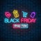 Glowing neon sign of black friday sale with shopping symbols. Seasonal sale web banner. Black friday light signboard.