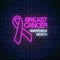 Glowing neon sign of breast canser awareness month. Neon poster design with pink ribbon and text