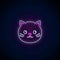 Glowing neon sign of cute cat in kawaii style. Cartoon happy smiling kitty in neon style