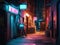 Glowing neon sign in dim alley with holographic effect