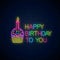 Glowing neon sign of happy birthday with cake and candle. Birthday cake celebration symbol in neon style