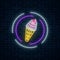 Glowing neon sign of ice cream cone in circle frames on dark brick wall background. Fruit ice-cream in waffle cone.