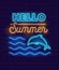 Glowing Neon Sign or Logo for Decoration of Summertime Begin Party with Glowing Dolphin Jumping in Ocean Waves for Club or Bar