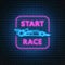 Glowing neon sign with racing car side view and start race text in rectangle frame. Abstract symbol of new project logo