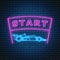 Glowing neon sign with racing car side view and start text on ribbon. Abstract symbol of new project or business stratup