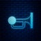 Glowing neon Signal horn on vehicle icon isolated on brick wall background. Vector