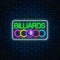 Glowing neon signboard of bar with billiards on brick wall background. Billiard balls with text in rectangle frame.