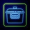 Glowing neon Slow cooker icon isolated on blue background. Electric pan. Vector