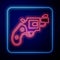 Glowing neon Small gun revolver icon isolated on blue background. Pocket pistol for self-defense. Ladies revolver. Spy