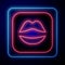 Glowing neon Smiling lips icon isolated on black background. Smile symbol. Vector