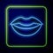 Glowing neon Smiling lips icon isolated on blue background. Smile symbol. Vector