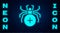 Glowing neon Spider icon isolated on brick wall background. Happy Halloween party. Vector