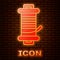 Glowing neon Spinning reel for fishing icon isolated on brick wall background. Fishing coil. Fishing tackle. Vector