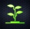 Glowing neon Sprout icon isolated on brick wall background. Seed and seedling. Leaves sign. Leaf nature. Vector