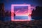 Glowing Neon Square Frame Over Futuristic Landscape With Cliffs And Water