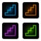Glowing neon Staircase icon isolated on white background. Black square button. Vector