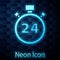 Glowing neon Stopwatch 24 hours icon isolated on brick wall background. All day cyclic icon. 24 hours service symbol
